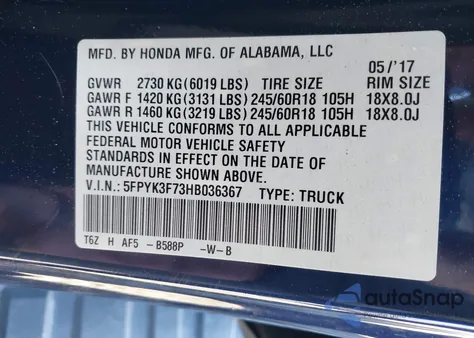 2017 Honda Ridgeline Rtl-E z USA, uszkodzony, nr VIN 5FPYK3F73HB036367